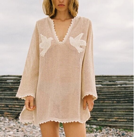 NEW Sea New York Sally Crochet Mini Dress Cover Up Beige Tan | XS - Picture 2 of 10